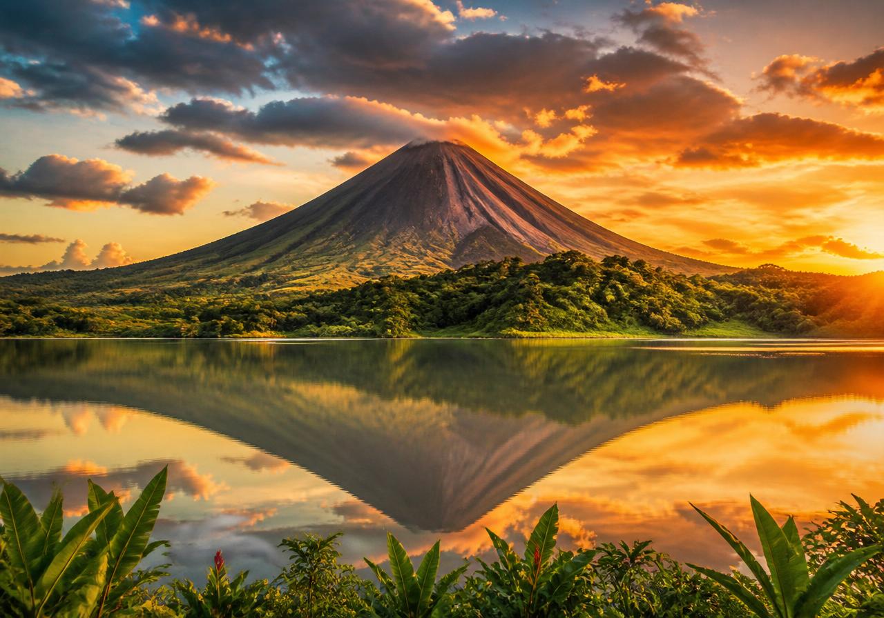Volcán Arenal de Costa Rica al atardecer reflejado en el lago